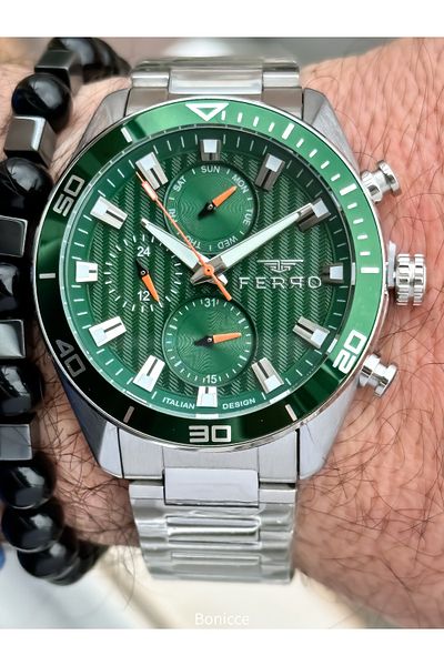 FERRO Brand Functions Active Steel Band,Silver Color,Green Dial Men's Wrist Watch+Bracelet