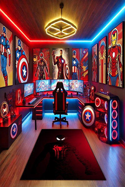 THEMODERNHANE Kaymaz Makinede Yıkanabilir Gaming Oyuncu Playstation Gamer Örümcek Adam SpiderMan Genç Odası Halısı