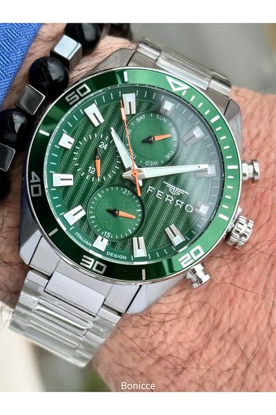 FERRO Brand Functions Active Steel Band,Silver Color,Green Dial Men's Wrist Watch+Bracelet