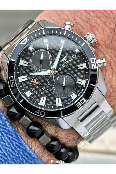 FERRO Brand Functions Active Steel Band,Silver Color,White Dial Men's Wrist Watch+Bracelet