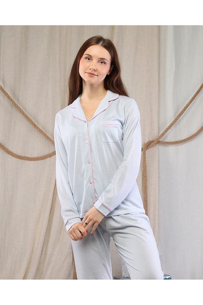 LadyMina Pijama Set de pijamale cu dungi albastre din in