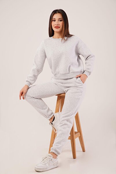 Hipo Trend Üç İplik İçi Pamuklu Gri Sweat Eşofman Takım