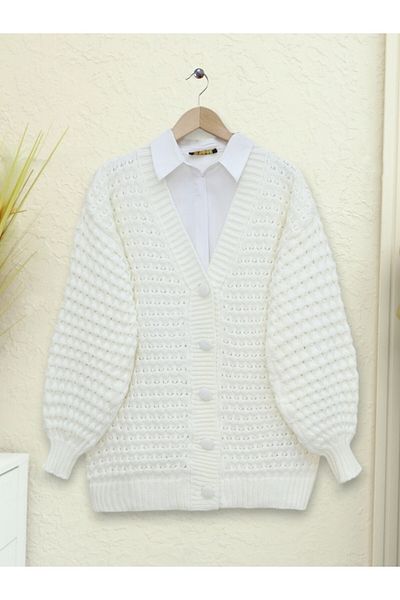 Modamorfo Cardigan din tricotaje ecru cu nasturi Araboy - împletit în relief