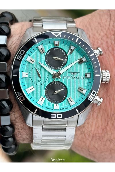 FERRO Brand Functions Active Steel Band,Silver Color,Turquoise Dial Men's Wrist Watch+Bracelet
