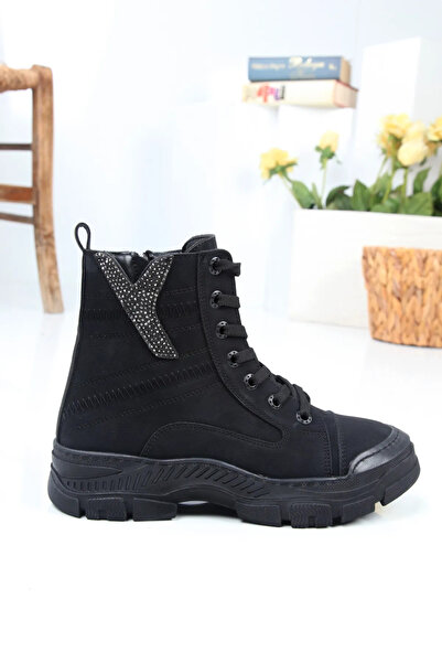 innsteal Siyah Renk Gümüş Taş İşleme Detaylı Topuksuz Kadın  Bot