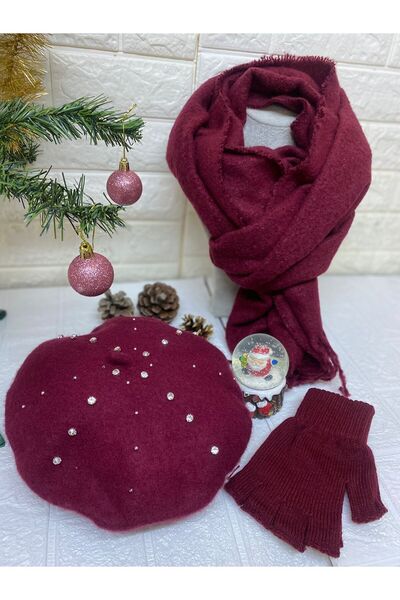sema aksesuar Christmas Gift Burgundy Zircon Stone Beaded French Painter Beret, Tasseled Scarf, Fingerless Gloves