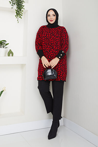 Pamuk Butik Women's Leopard Print Button Detailed Knitwear Sweater