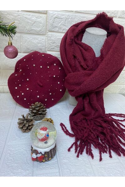 sema aksesuar New Year's New Year's Christmas Gift Burgundy Zircon Cubic Zirconia French Painter Beret and Large Tufted Scarf Set