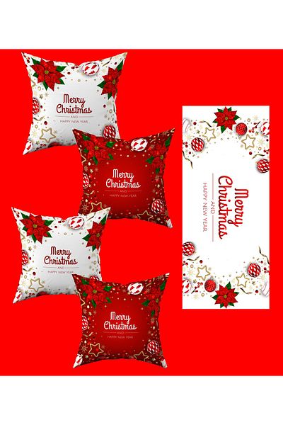 Şah Dekor New Year's Themed - Red and White Merry Pattern Set of 4 Throw Pillows and Runner