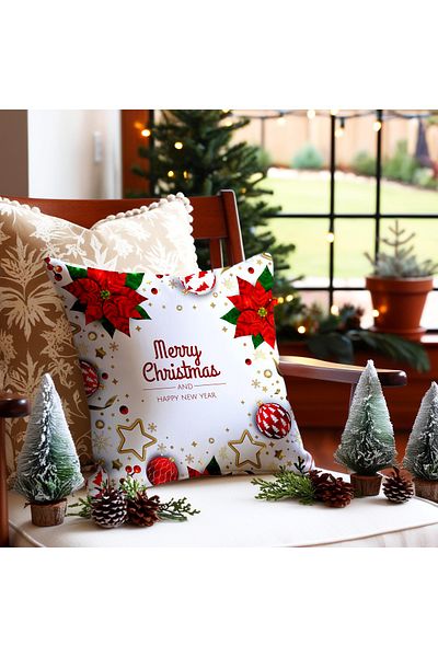 Şah Dekor New Year's Themed Globe Pattern Red Colors Set of 4 Throw Pillow Covers and Runner