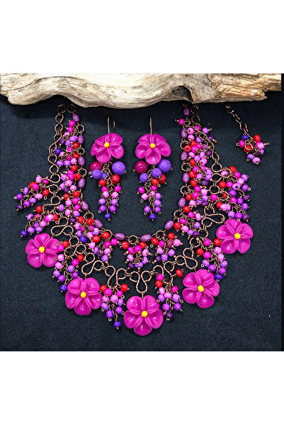 MODA El yapımı bakır tel sarma-fimo çiçekli kolye küpe
