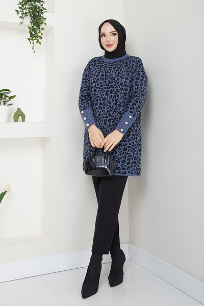 Pamuk Butik Pulover de damă cu model leopard, tricotaj cu detaliu cu nasturi