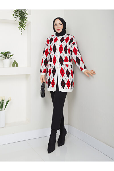 Pamuk Butik Women's Checkered Pocket Button Closure Knitwear Cardigan