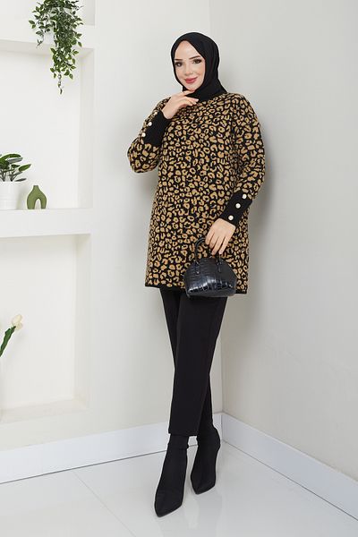 Pamuk Butik Γυναικείο πλεκτό πουλόβερ με λεοπάρ μοτίβο με λεπτομέρεια με κουμπιά