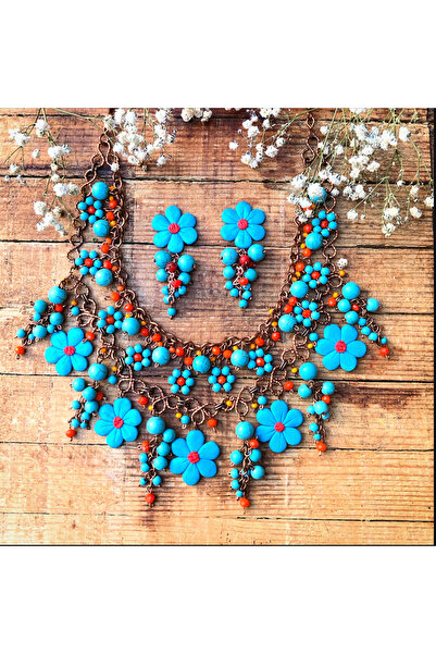 MODA El yapımı bakır tel sarma-fimo çiçekli kolye küpe