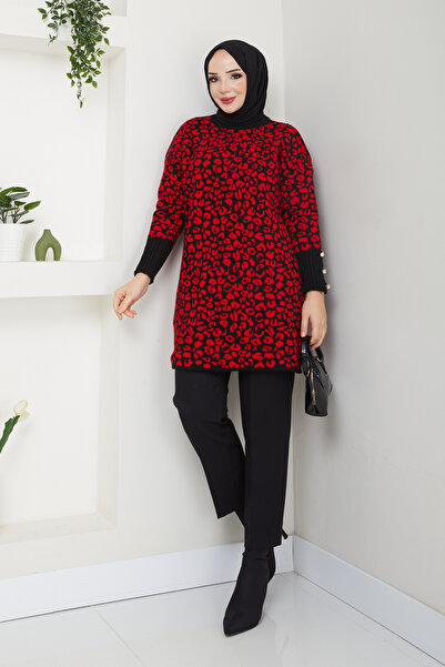 Pamuk Butik Women's Leopard Print Button Detailed Knitwear Sweater