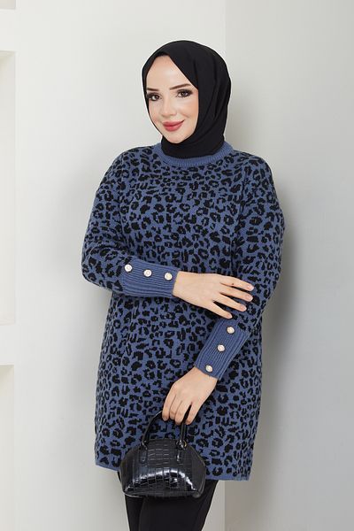 Pamuk Butik Pulover de damă cu model leopard, tricotaj cu detaliu cu nasturi