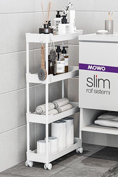 Mowo Home Slim 4 Katlı Tekerlekli Raf Ünitesi Beyaz, Banyo Rafı, Mutfak Rafı, Banyo Düzenleyici