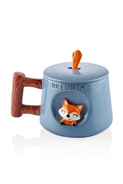 GUNES ZUCCACIYE Ceramic Mug with Fox Animal Figures, Lid and Spoon 370 ml