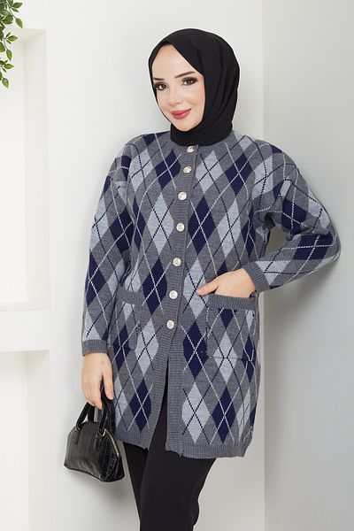 Pamuk Butik Γυναικεία Πλεκτή Ζακέτα με Καρό Τσέπη και Κλείσιμο με Κουμπί