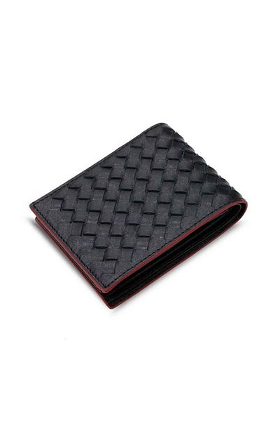 GUARD Knitted Patterned Black Leather Men's Wallet with Red Edges