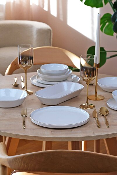 Glore Krem 2 Kişilik Yemek Takımı 11 Parça Altın Yaldızlı