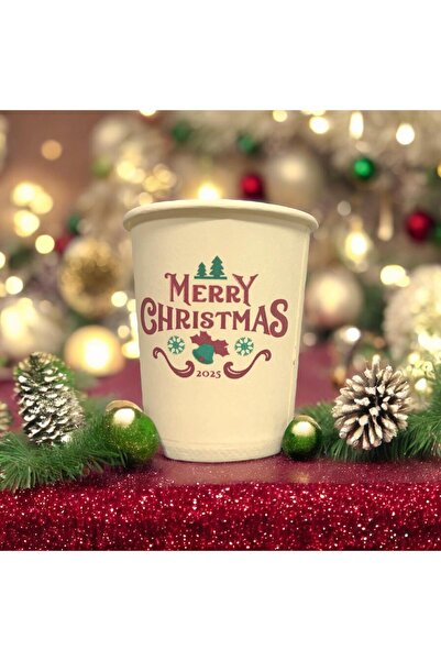 SBS 2025 Merry Christmas-Yılbaşı konseptli Tek kullanımlık 7 Oz 50 Adet Karton Bardak