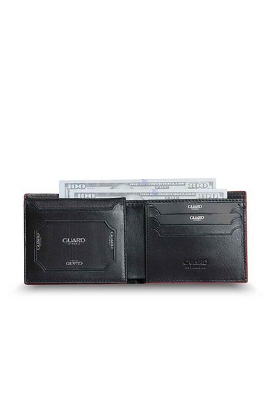 GUARD Knitted Patterned Black Leather Men's Wallet with Red Edges