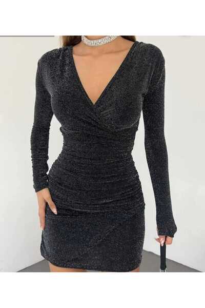 Fua Shop Kadın Kruvaze Yaka Simli Mini Abiye Elbise