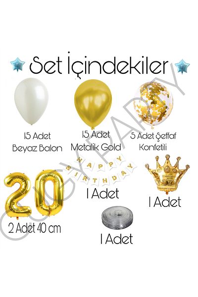 CUGY 20 Year Old Birthday Set Gold King Crowned Gold White Transparent Confeti Balloon Set