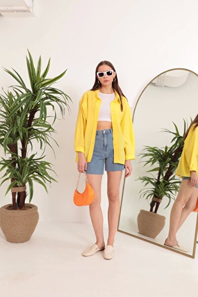 Genel Markalar Modal Kumaş Oversize Kadın Gömlek-Sarı