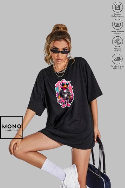 New Shine MONO COLLECTION Unisex Oversize Crew Neck Βαμβακερό ροζ πάπια εμπριμέ κοντομάνικο μπλουζάκι