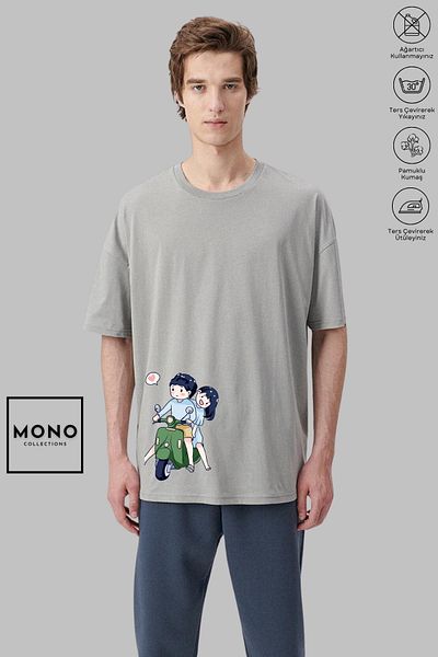 New Shine MONO COLLECTION Unisex Oversize Crew Neck Βαμβακερό μοτέρ Ζευγάρι με εμπριμέ κοντομάνικο μπλουζάκι