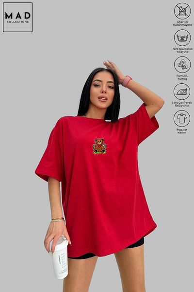 New Shine Μπλουζάκι Unisex Oversize Crew Neck Cotton Bear με στάμπα με κοντό μανίκι