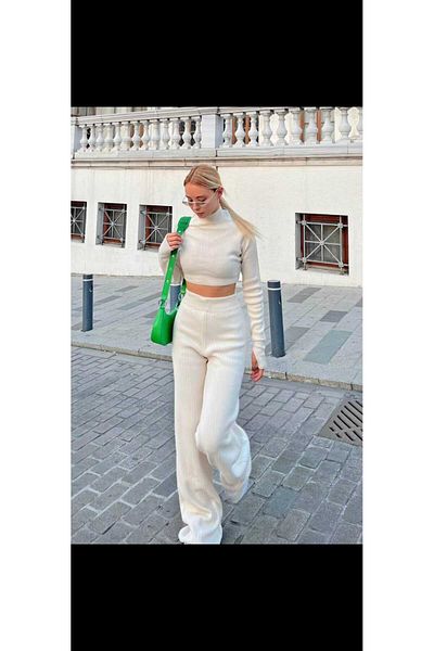 Fua Shop Μαύρο Half Fisherman Knit Crop πουλόβερ Παντελόνι Πλεκτό Σετ κάτω-κορυφή