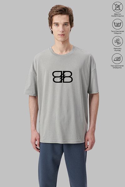 New Shine MONO COLLECTION Unisex Oversize Crew λαιμόκοψη Βαμβακερό γράμμα B με στάμπα κοντομάνικο μπλουζάκι