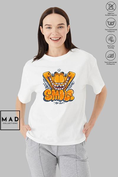 New Shine MAD COLLECTION Tricou cu mânecă scurtă cu imprimeu GARFIELD SMILE din bumbac cu gât supradimensionat