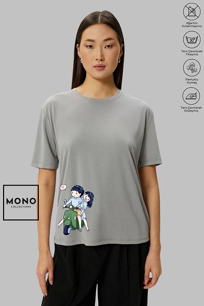 New Shine MONO COLLECTION Unisex Oversize Crew Neck Βαμβακερό μοτέρ Ζευγάρι με εμπριμέ κοντομάνικο μπλουζάκι