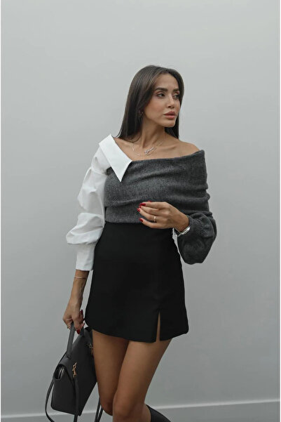 Nisantasimoda Kadın Gömlek Kol Detaylı Triko Kazak