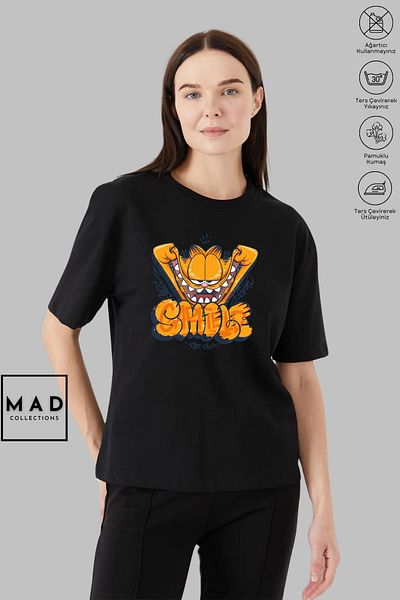 New Shine MAD COLLECTION Unisex Oversize Crew λαιμόκοψη βαμβακερό GARFIELD SMILE εμπριμέ κοντομάνικο μπλουζάκι