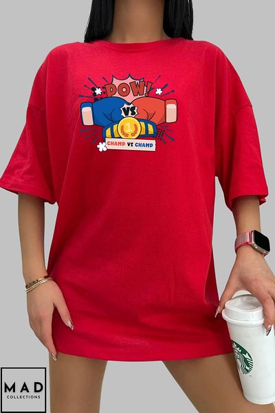 New Shine MAD COLLECTION Unisex Oversize Crew Neck Cotton Boxing Pow εμπριμέ κοντομάνικο μπλουζάκι