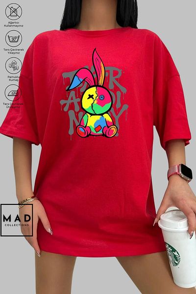 New Shine MAD COLLECTION Unisex Oversize Crew λαιμόκοψη, βαμβακερή ραφή με κουνέλι με στάμπα κοντομάνικο μπλουζάκι