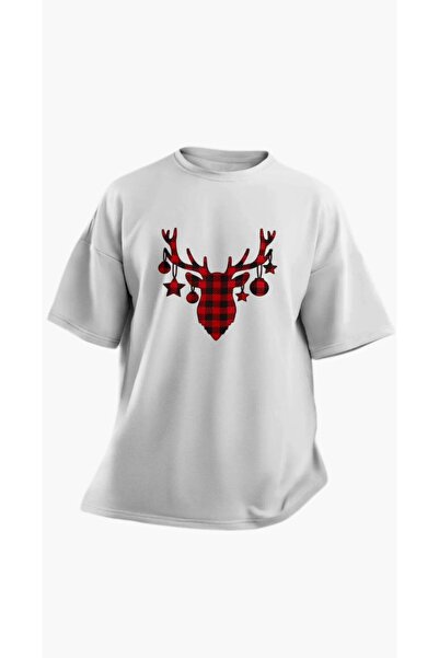 Elvino Tricou oversize alb unisex cu tema de Anul Nou - decolteu, imprimat moale