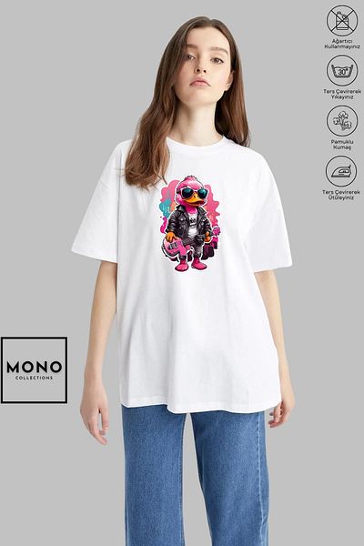 New Shine MONO COLLECTION Unisex Oversize Crew Neck Βαμβακερό ροζ πάπια εμπριμέ κοντομάνικο μπλουζάκι