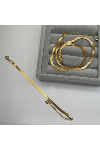 ilvesa shop 316L Çelik İtalyan Yassı Zincir Kolye-Bileklik Set 60 CM