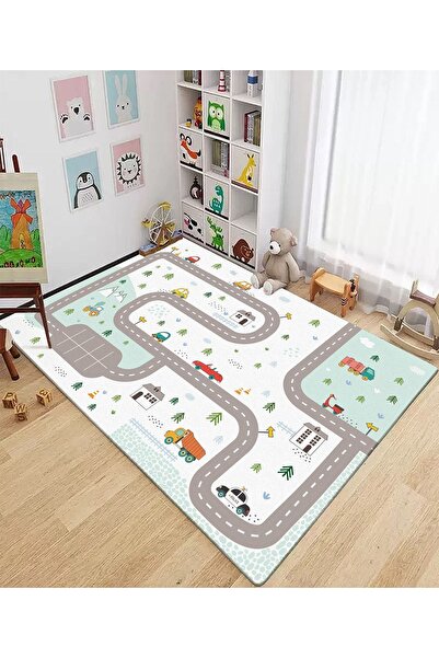 KARNAVAL HOME Volonte Iskandinav Yeşil Ormandaki Yol Ve Taşıtlar Çocuk Halısı