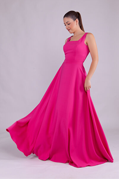 RURIS Kadın Fuşya Kare Yaka Kolsuz Maxi Boy Abiye Mezuniyet Elbisesi