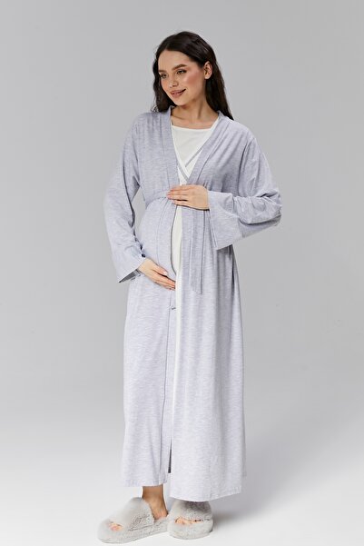 Hamile Tekstil 100% Cotton Double Breasted Maternity Nightgown Set with Melange Dressing Gowns