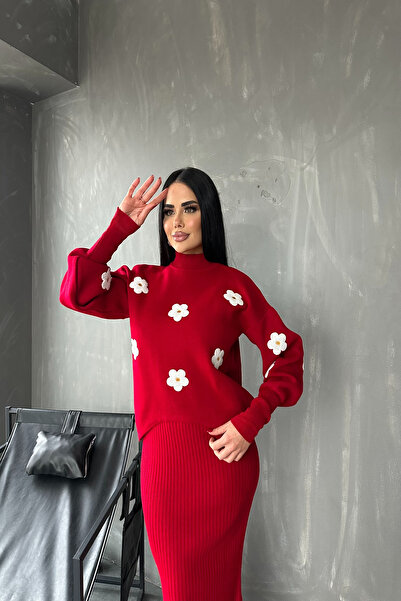 LİLA İSTANBUL الياقة المدورة مزدوجة تريكو فستان طباعة الأزهار