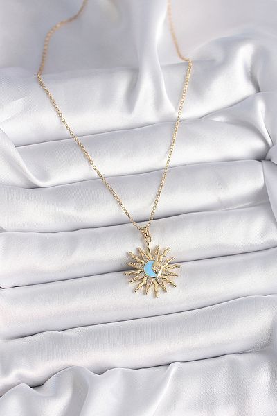 Clariss 316L Steel Gold Color Chain Zircon Stone Sun Model Blue Moon Processing Women's Necklace